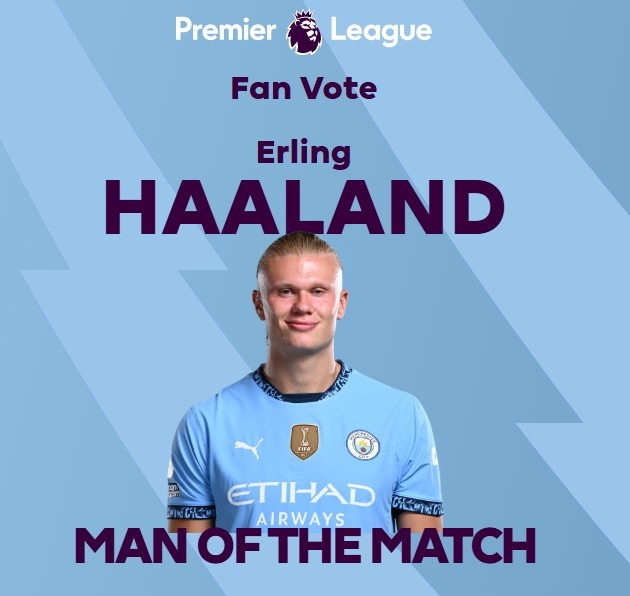 打進致勝球！英超官方：哈蘭德當選曼城1-0熱刺全場最佳球員