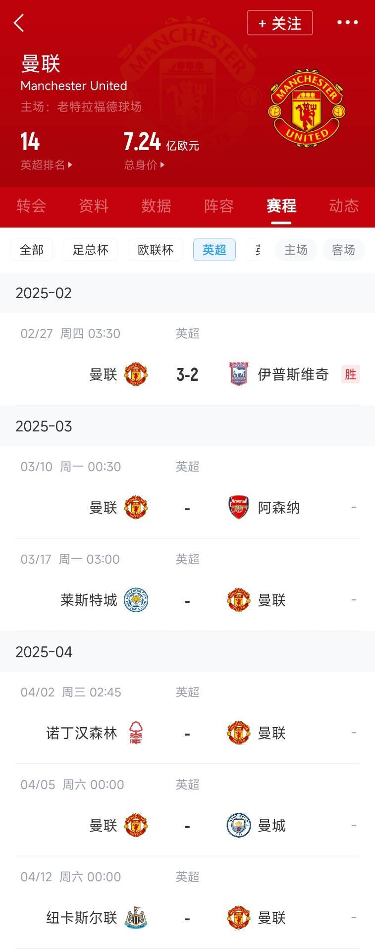藍狐救一下？曼聯(lián)未來5輪將遭遇英超2/3/4/6名：槍手森林曼城紐卡