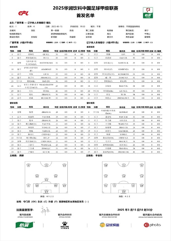 中甲-廣西平果vs遼寧鐵人首發(fā)：三外援對(duì)決三外援，安以恩出戰(zhàn)