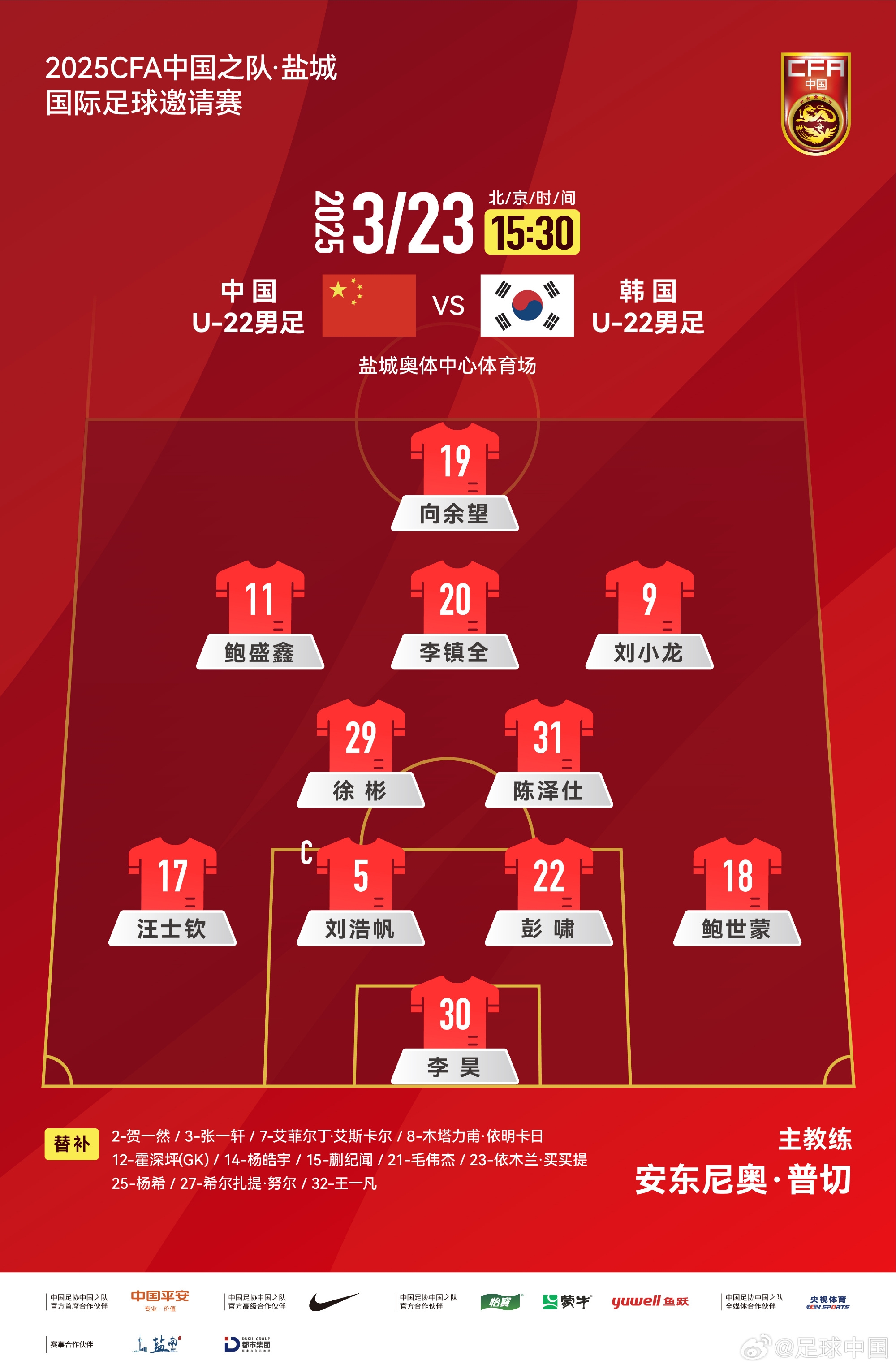 鹽城四國(guó)賽，中國(guó)U-22男足對(duì)陣韓國(guó)U-22男足，中國(guó)隊(duì)首發(fā)陣容